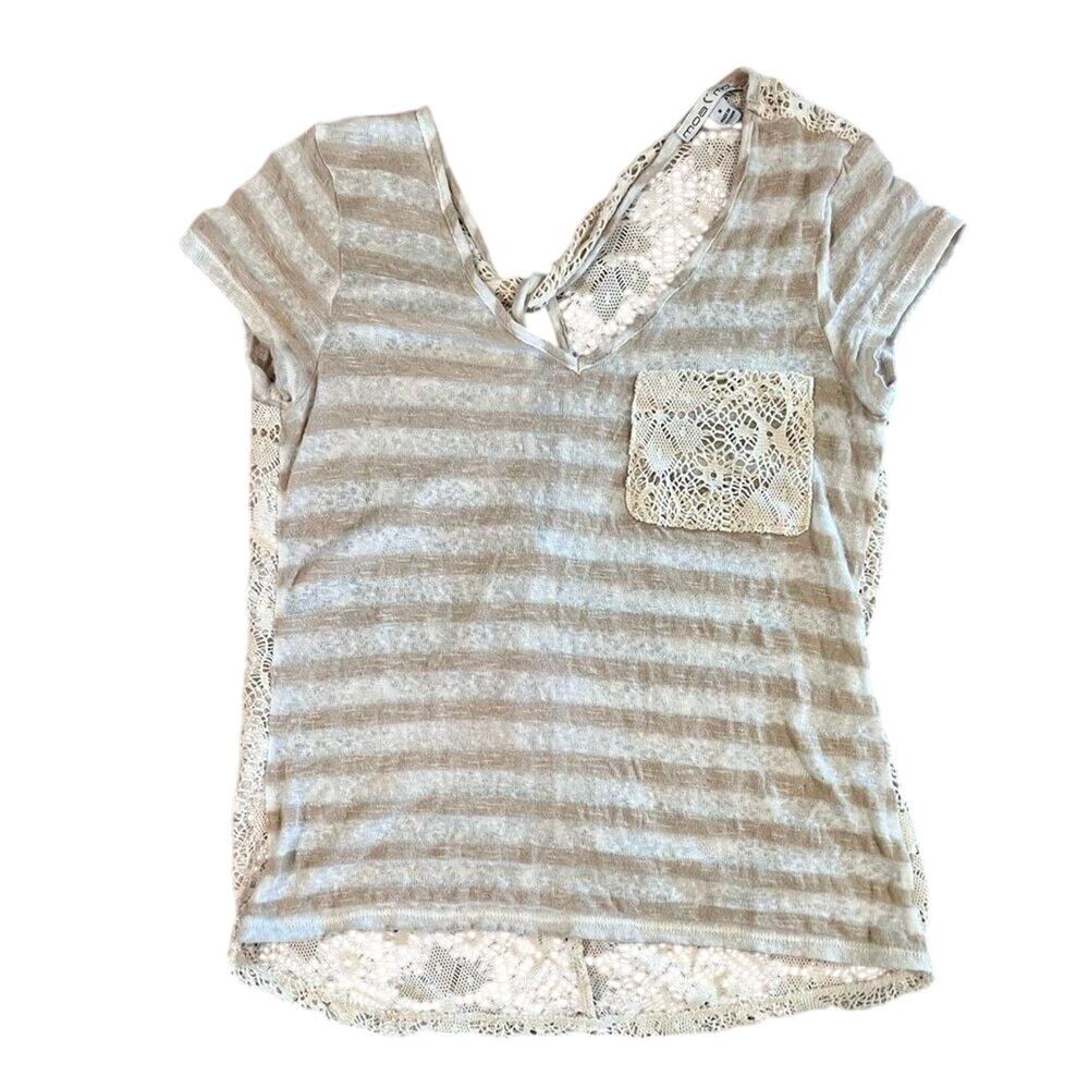 Moa Moa Cream‎ Tan Stripe Feminine Lacy Twist Cap Sleeve Top sz Small